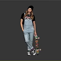 Young Girl In Black Beanie Black T Shirt And Light Blue Overalls Holding Colorful Skateboard