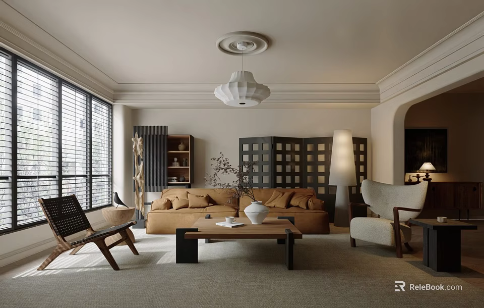 Cozy Living Room Interior With Beige Sofa Wooden Coffee Table Floor Lamp Window Blinds And Chairs 3d model 