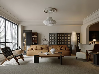 Cozy Living Room Interior With Beige Sofa Wooden Coffee Table Floor Lamp Window Blinds And Chairs 3d model