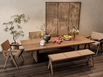 Rustic Wooden Dining Table Set With Chairs Bench Fruits Vase And Plants 3d model