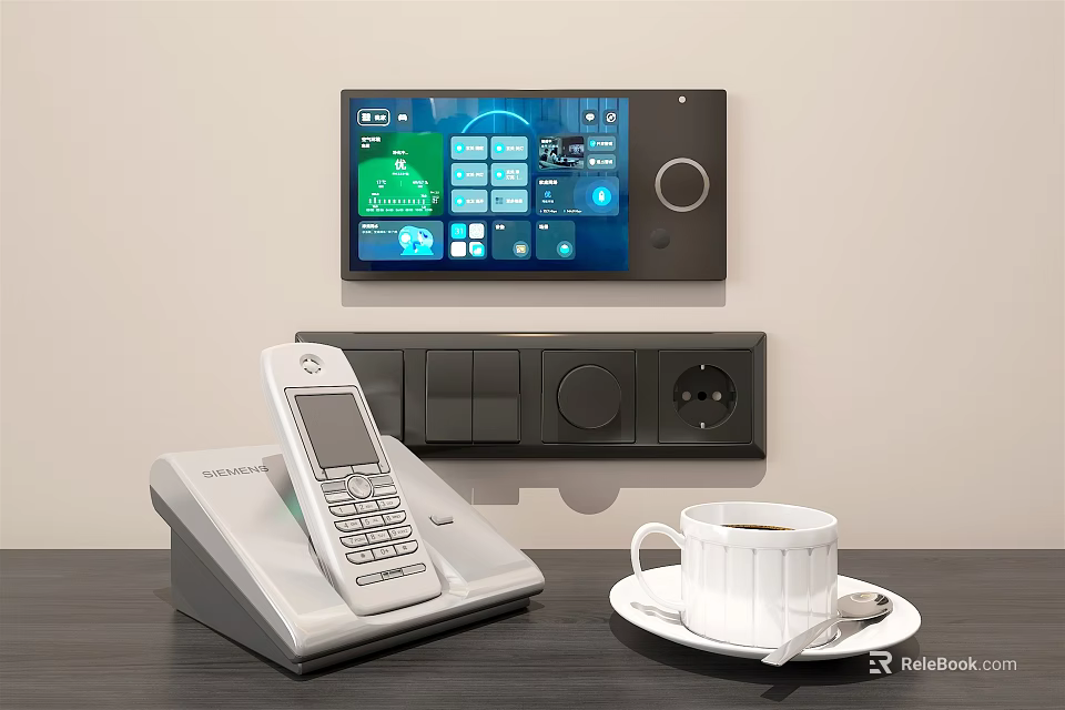 Smart Digital Control Panel with Screen and Landline Telephone on Modern Table with Coffee Cup 3d model 