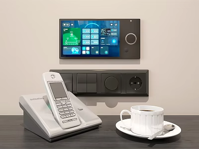 Smart Digital Control Panel with Screen and Landline Telephone on Modern Table with Coffee Cup 3d model