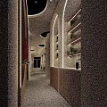 Modern Artistic Café Interior Featuring Green Plants Red Sculpture Curved Walls And Terrazzo Floor