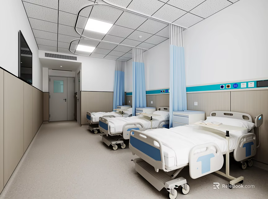 Hospital Outpatient Ward Interior With Beds Curtains And Equipment 3d model 