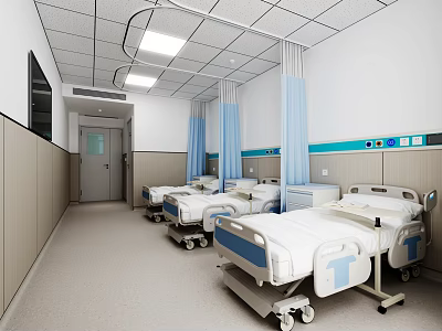 Hospital Outpatient Ward Interior With Beds Curtains And Equipment 3d model