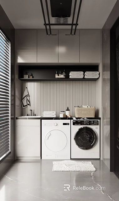 Modern Home Balcony Laundry Space With Washing Machine Dryer Storage Shelf Towels And Wicker Basket 3d model 