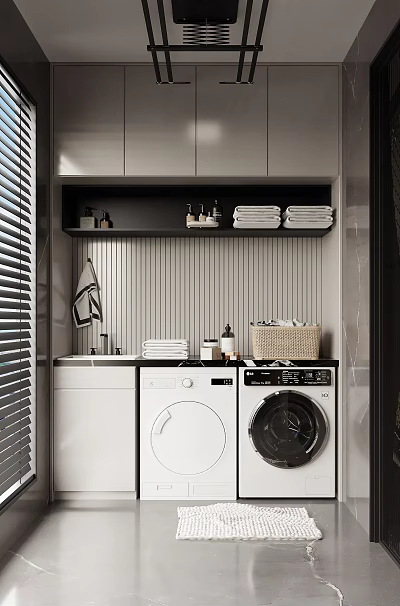 Modern Home Balcony Laundry Space With Washing Machine Dryer Storage Shelf Towels And Wicker Basket 3d model