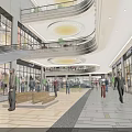 Spacious Modern Shopping Mall Atrium With Multi Level Design Glass Facades Escalators And Shoppers