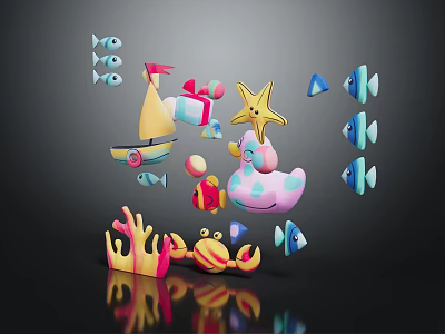 Colorful Marine Scene Components With Sailboat Starfish Duck Toy Coral Crab And Fish 3d model