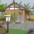 Rustic Courtyard Garden With Wooden Cabin Corn Decor Scarecrow Palm Trees And Stone Paved Path