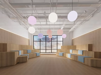 School Indoor Common Area With Wooden Benches Large Windows Pink White Hanging Lights 3d model