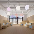 School Indoor Common Area With Wooden Benches Large Windows Pink White Hanging Lights