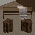 Natural Wooden Stump Stools With Leaf Shapes And Woven Bench With Blanket