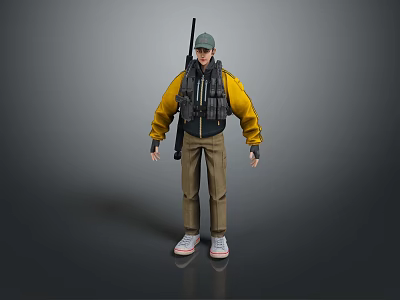 Man In Yellow Jacket Gray Cap Black Vest With Gun Brown Pants White Sneakers 3d model