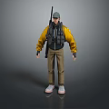 Man In Yellow Jacket Gray Cap Black Vest With Gun Brown Pants White Sneakers