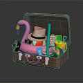 Open Brown Suitcase with Pink Flamingo Toy Straw Hat Blue Straw Colorful Cups and Shovel