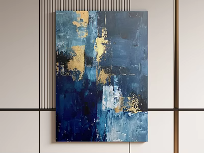 Modern Abstract Painting With Blue Gold Tones And Textured Brushwork For Home Wall Decor 3d model