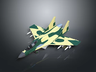 Military Fighter Jet With Green Yellow Camouflage Paint And Missiles On Dark Background 3d model