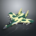 Military Fighter Jet With Green Yellow Camouflage Paint And Missiles On Dark Background