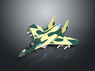 Military Fighter Jet With Green Yellow Camouflage Paint And Missiles On Dark Background 3d model