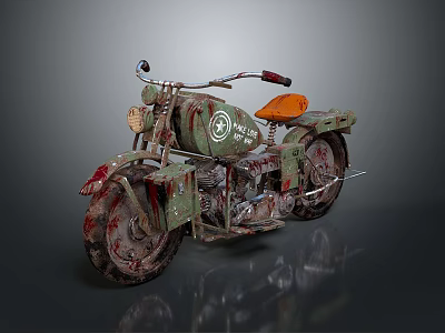 Vintage Green Camouflage Motorcycle Featuring Orange Seat And Rusty Retro Style 3d model