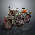 Vintage Green Camouflage Motorcycle Featuring Orange Seat And Rusty Retro Style