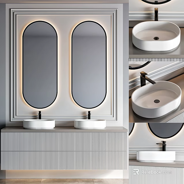 Modern Bathroom Vanity With Double Round Sinks Illuminated Oval Mirrors And Striped Cabinet 3d model 