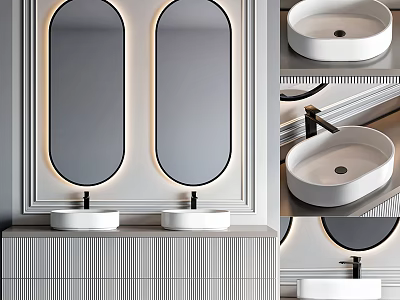 Modern Bathroom Vanity With Double Round Sinks Illuminated Oval Mirrors And Striped Cabinet 3d model
