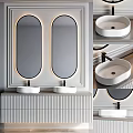 Modern Bathroom Vanity With Double Round Sinks Illuminated Oval Mirrors And Striped Cabinet