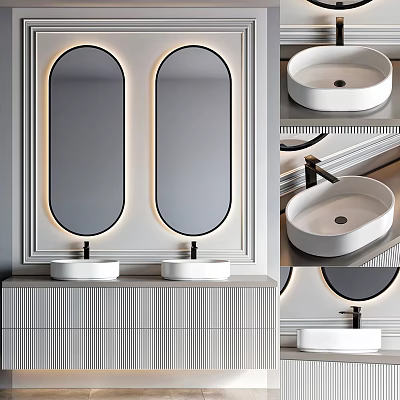 Modern Bathroom Vanity With Double Round Sinks Illuminated Oval Mirrors And Striped Cabinet 3d model