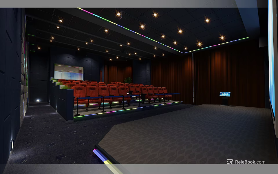 Modern Cinema Interior with Red Seats Large Screen and Ambient Lighting 3d model 