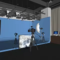 Professional Studio Setup With Blue Backdrop Cameras On Tripods Lighting And Monitors 3d model