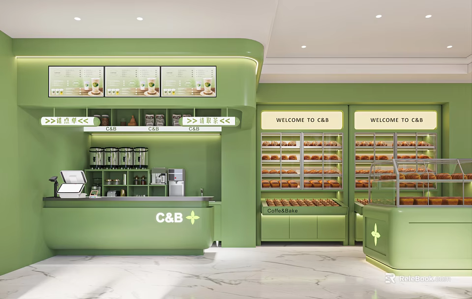 Green Dessert Shop Interior With Counter Display Shelves And Pastries 3d model 