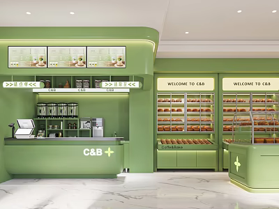 Green Dessert Shop Interior With Counter Display Shelves And Pastries 3d model