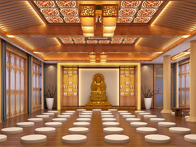 Serene Religious Meditation Hall with Golden Buddha Statue and Traditional Ceiling Decorations 3d model