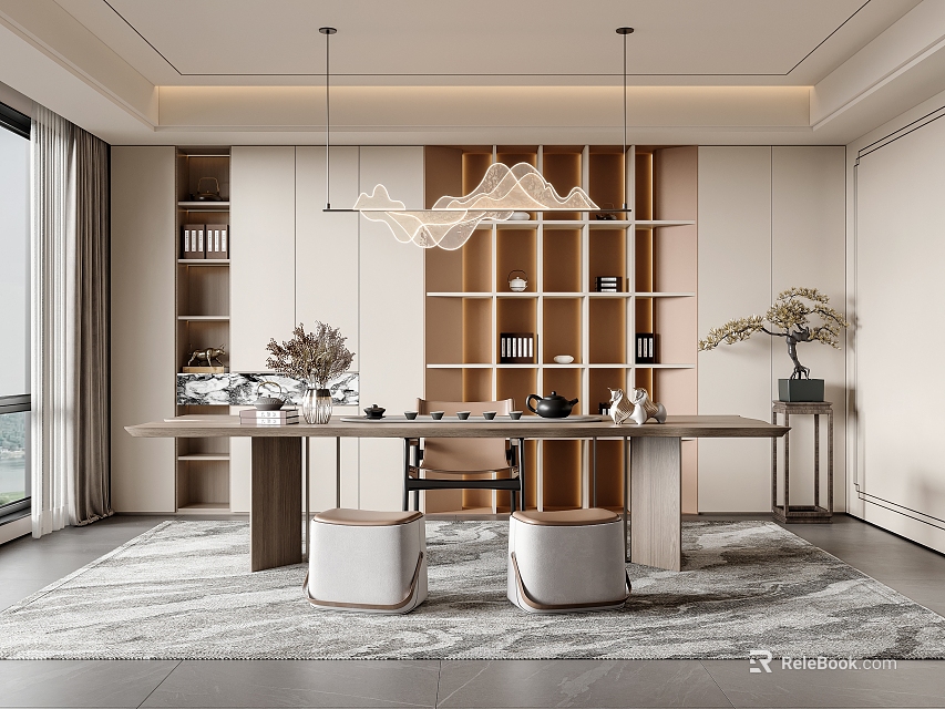 Modern Tea Room Interior Design With Wooden Table Stools Hanging Light Bookshelves And Area Rug 3d model 