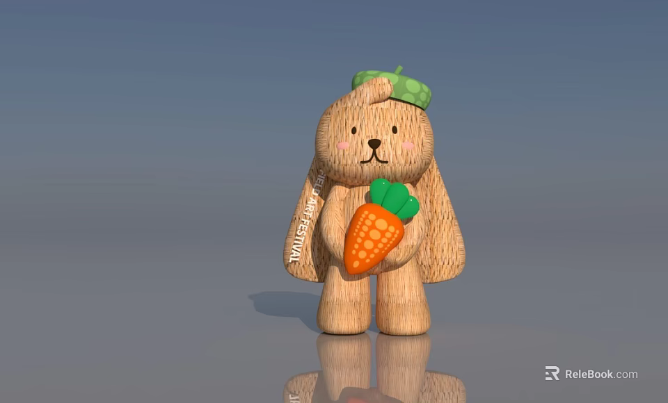 Cute Wooden Rabbit Doll With Green Hat Holding Orange Carrot 3d model 