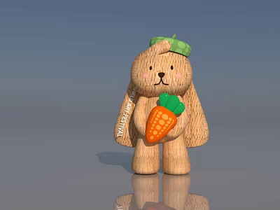 Cute Wooden Rabbit Doll With Green Hat Holding Orange Carrot 3d model