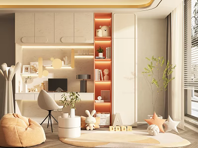 Elegant White Kids Desk with Storage Cabinet Lamp Plush Toys Round Rug and Green Plant 3d model