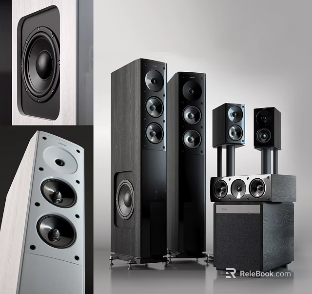 Modern Headphones and Speakers with Floor Standing Bookshelf Subwoofer in Wooden Black White Design 3d model 