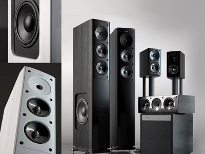 Modern Headphones and Speakers with Floor Standing Bookshelf Subwoofer in Wooden Black White Design 3d model