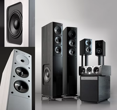 Modern Headphones and Speakers with Floor Standing Bookshelf Subwoofer in Wooden Black White Design 3d model