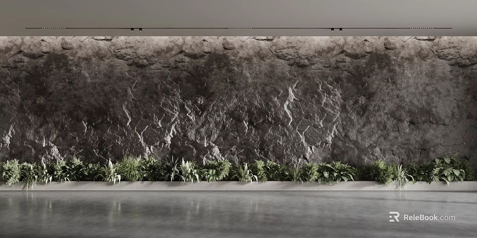 Natural Stone Texture Background Wall With Lush Green Plants At Bottom In Modern Interior 3d model 