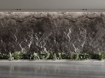 Natural Stone Texture Background Wall With Lush Green Plants At Bottom In Modern Interior 3d model