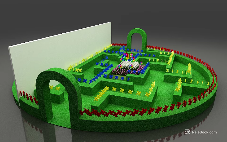 Colorful Circular Playground Equipment With Green Maze And Flower Decorations 3d model 