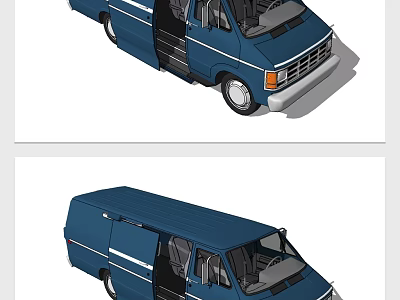 Blue Van with Open Side Door and White Stripes Front and Side Views 3d model
