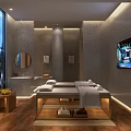Modern Elegant SPA Interior Design With Massage Beds Wooden Cabinets And Large Windows Night View