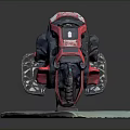 Red and Black Motorcycle Tilted on Light Blue Platform with Dark Background