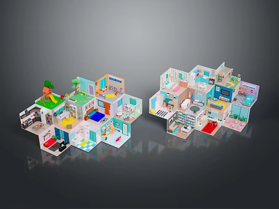 Colorful 3D Miniature House Models With Multiple Rooms And Detailed Interior Furniture 3d model