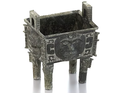 Ancient Chinese Bronze Ding With Square Body Four Legs And Intricate Carved Patterns 3d model